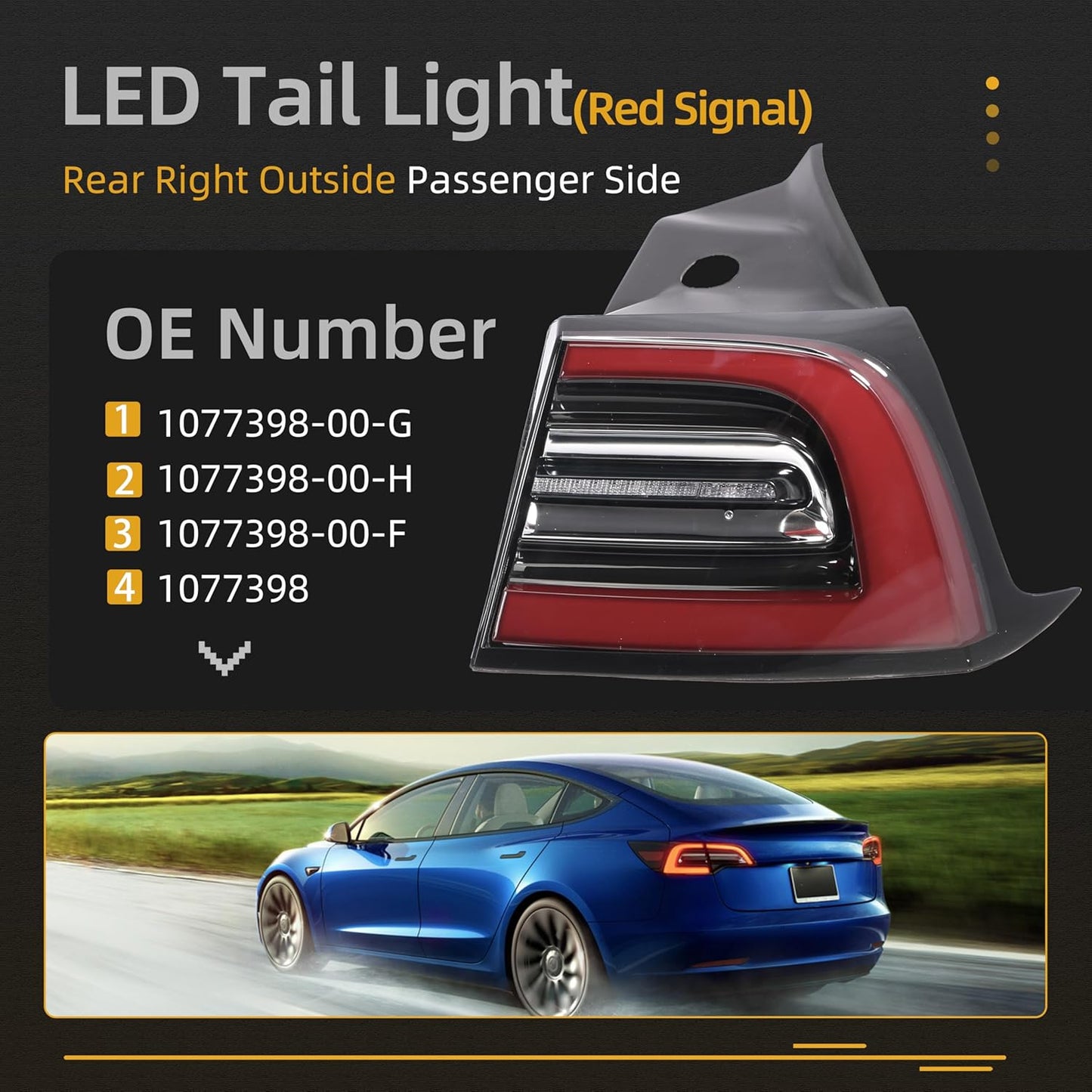 3 Pin LED Tail Light Assembly, Rear Right Passenger Side Brake Outside Tail Lamp, for Tesla Model 3 2017 2018 2019 2020