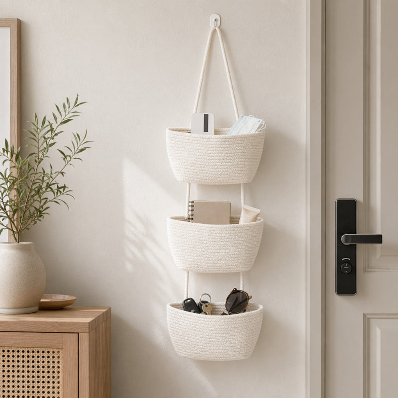 Woven cotton 3-Tier Over the Door Basket