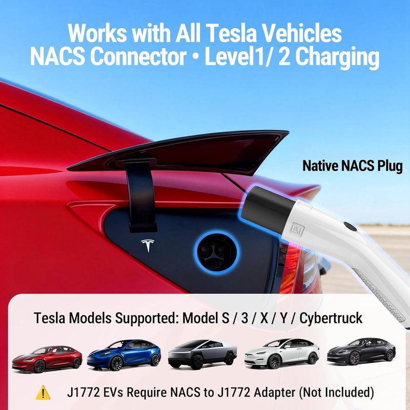 16A Portable Level 1/Level 2 Tesla Charger | NACS Connector | NEMA 6-20 Plug & 5-15 Adapter | for Tesla Model 3/Y/S/X & All NACS EVs