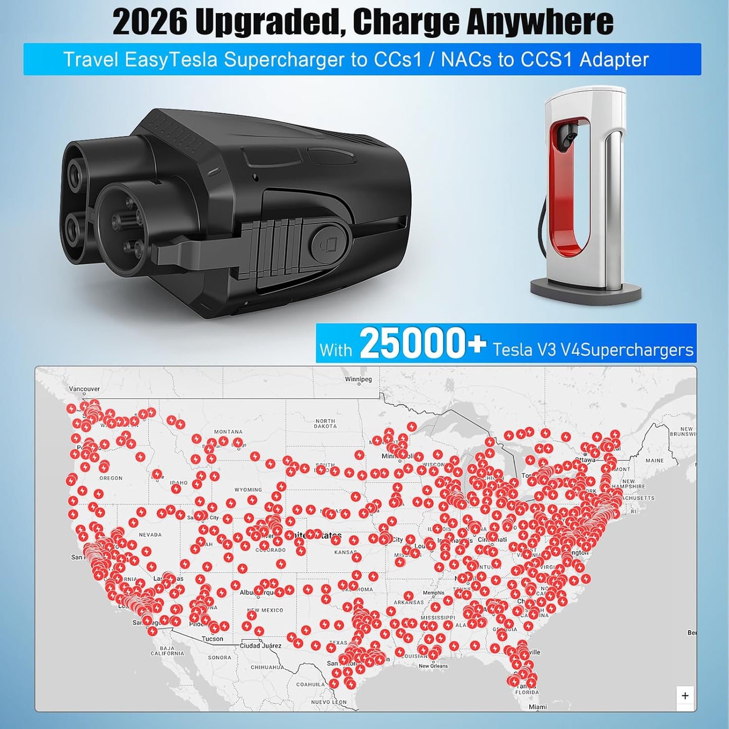 2026 Upgraded for NACS to CCS Adapter, [Max 500A 1000V] Fast Charge Electric Vehicle Charging Adapter, Tesla Supercharger to CCS1 Charger Adapter Compatible with Tesla Superchargers