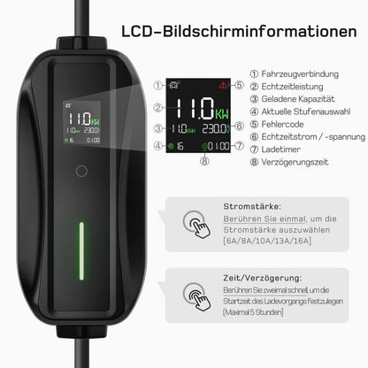 Mobile Wallbox/Charging Station 11 kW [3-Phase | 7 m | 6-16 A] with Adjustable Charging Power, Charging Cable CEE 16A to Type 2 and EV Charger for Model Y/3, ID.3/4/5, MG4, EX30, e-up, e-tron, Zoe