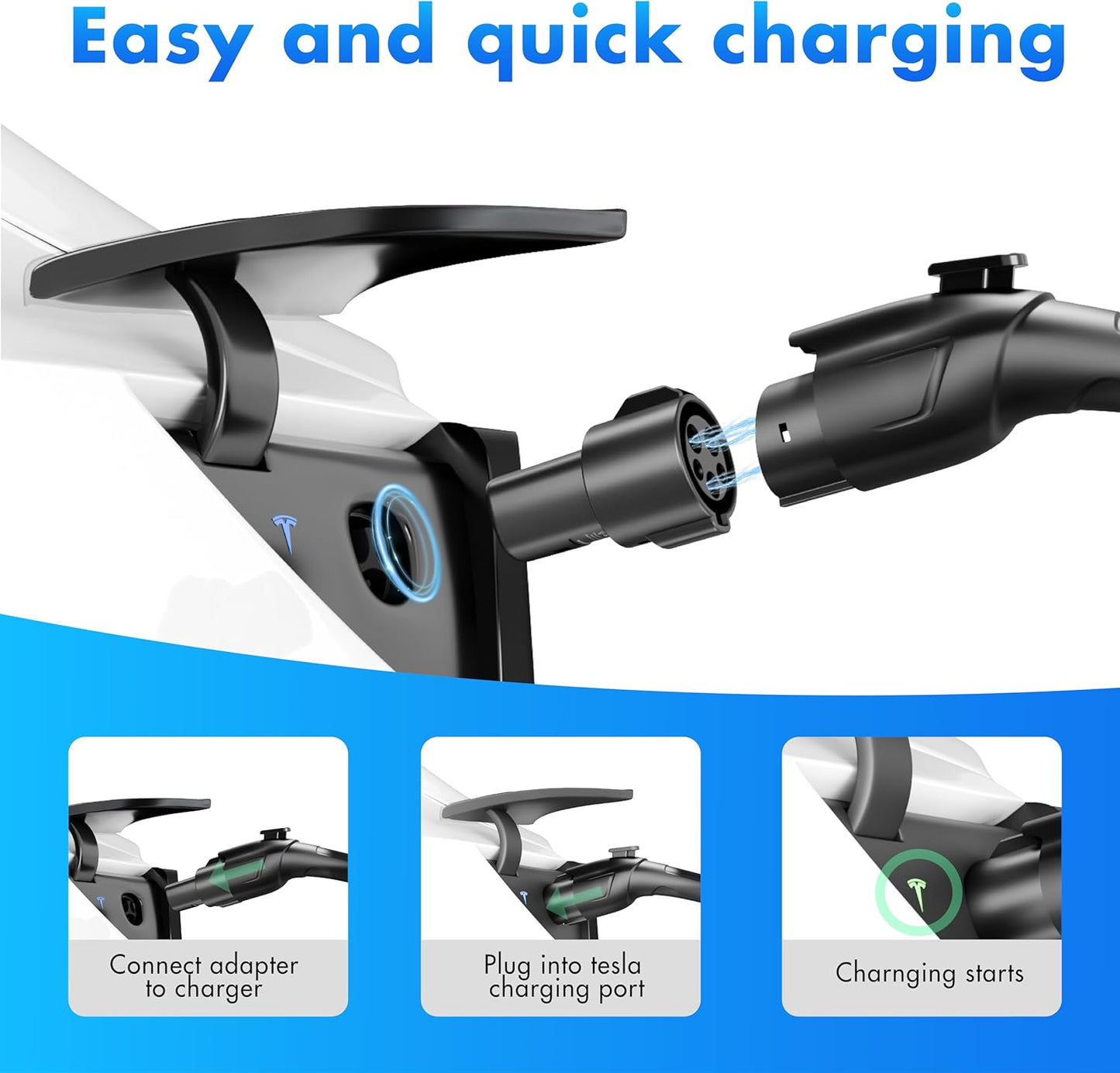 J1772 to Tesla Adapter for Tesla Model 3/Y/X/S & Cybertruck EV Charging Connector with SAE J1772 Level 1 Level 2 Stations Max 80A/250V Fast Charging IP65 Waterproof UL 2251 CE Certified