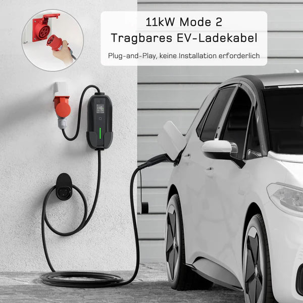 Mobile Wallbox/Charging Station 11 kW [3-Phase | 7 m | 6-16 A] with Adjustable Charging Power, Charging Cable CEE 16A to Type 2 and EV Charger for Model Y/3, ID.3/4/5, MG4, EX30, e-up, e-tron, Zoe