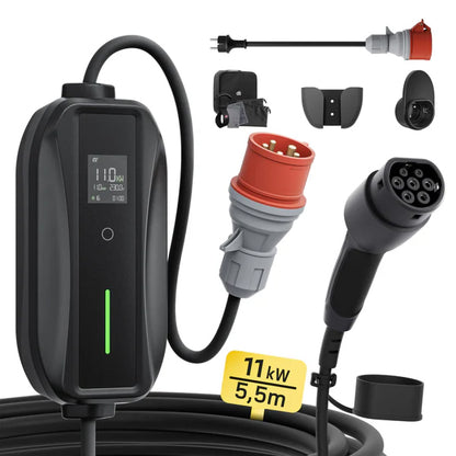 Mobile Wallbox/Charging Station 11 kW [3-Phase | 7 m | 6-16 A] with Adjustable Charging Power, Charging Cable CEE 16A to Type 2 and EV Charger for Model Y/3, ID.3/4/5, MG4, EX30, e-up, e-tron, Zoe