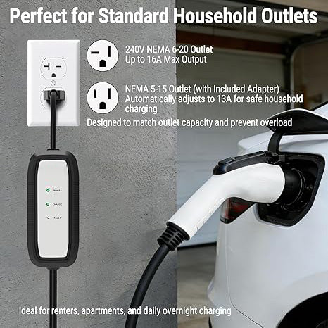 16A Portable Level 1/Level 2 Tesla Charger | NACS Connector | NEMA 6-20 Plug & 5-15 Adapter | for Tesla Model 3/Y/S/X & All NACS EVs
