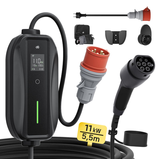 Mobile Wallbox/Charging Station 11 kW [3-Phase | 7 m | 6-16 A] with Adjustable Charging Power, Charging Cable CEE 16A to Type 2 and EV Charger for Model Y/3, ID.3/4/5, MG4, EX30, e-up, e-tron, Zoe