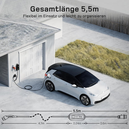 Mobile Wallbox/Charging Station 11 kW [3-Phase | 7 m | 6-16 A] with Adjustable Charging Power, Charging Cable CEE 16A to Type 2 and EV Charger for Model Y/3, ID.3/4/5, MG4, EX30, e-up, e-tron, Zoe