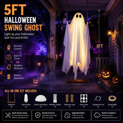 Large Hanging Halloween Swinging Glowing Ghost Ornament