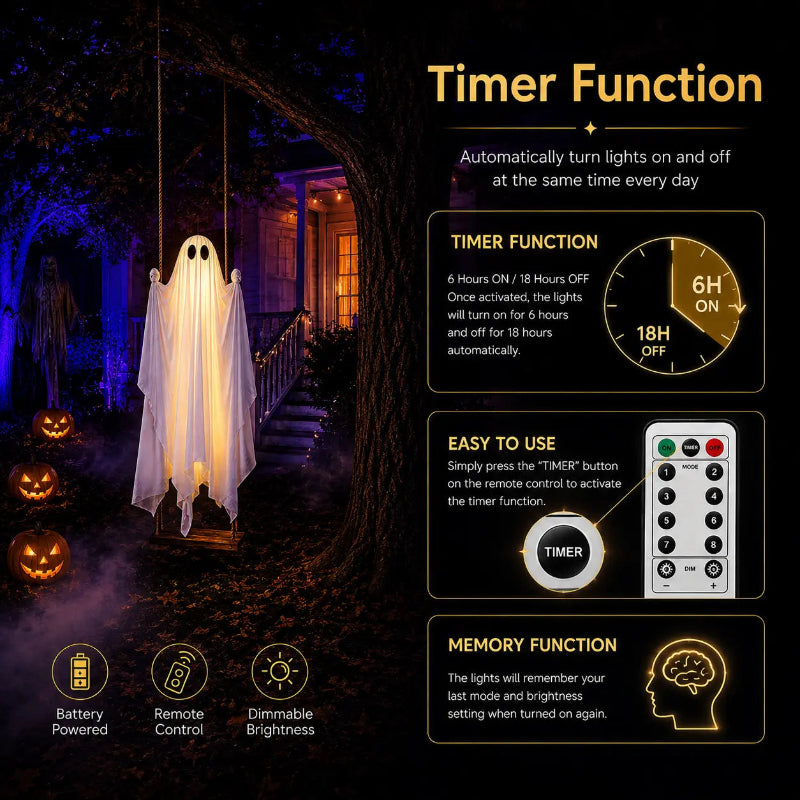 Large Hanging Halloween Swinging Glowing Ghost Ornament