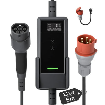 Mobile Wallbox/Charging Station 11 kW [6 m|3-phase|6-16 A] with Adjustable Charging Power, Charging Cable CEE 16A to Type 2 and EV Charger for Model Y/3, ID.3/4/5, MG4, EX30, e-up, e-tron