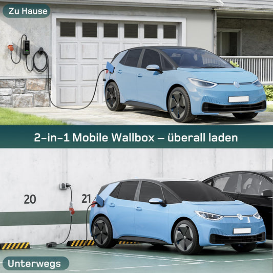 Mobile Wallbox/Charging Station 11 kW [6 m|3-phase|6-16 A] with Adjustable Charging Power, Charging Cable CEE 16A to Type 2 and EV Charger for Model Y/3, ID.3/4/5, MG4, EX30, e-up, e-tron