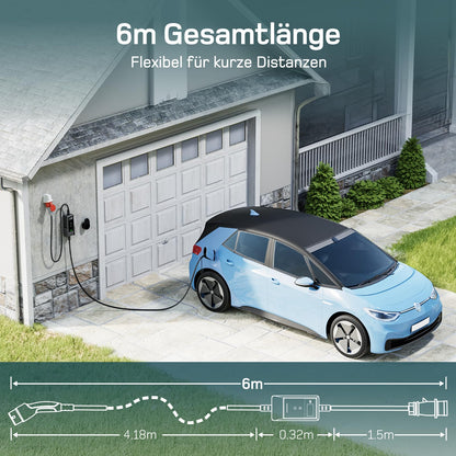 Mobile Wallbox/Charging Station 11 kW [6 m|3-phase|6-16 A] with Adjustable Charging Power, Charging Cable CEE 16A to Type 2 and EV Charger for Model Y/3, ID.3/4/5, MG4, EX30, e-up, e-tron