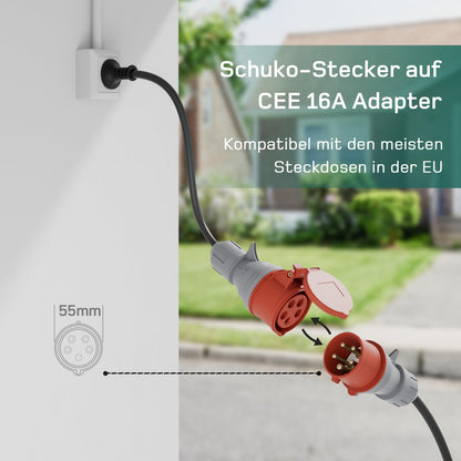 Mobile Wallbox/Charging Station 11 kW [6 m|3-phase|6-16 A] with Adjustable Charging Power, Charging Cable CEE 16A to Type 2 and EV Charger for Model Y/3, ID.3/4/5, MG4, EX30, e-up, e-tron