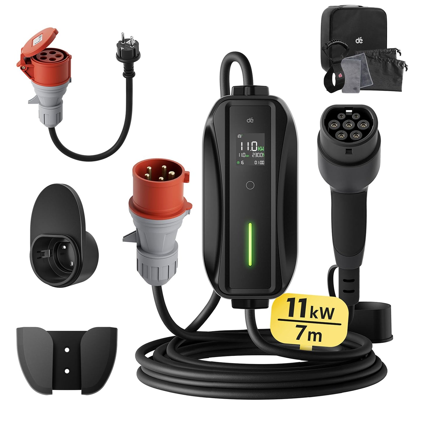 Mobile Wallbox/Charging Station 11 kW [3-Phase | 7 m | 6-16 A] with Adjustable Charging Power, Charging Cable CEE 16A to Type 2 and EV Charger for Model Y/3, ID.3/4/5, MG4, EX30, e-up, e-tron, Zoe
